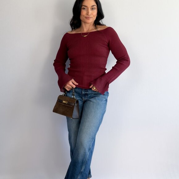 Women’s Ballet Neck Knit Top – Wine Red - Picture 8 of 8